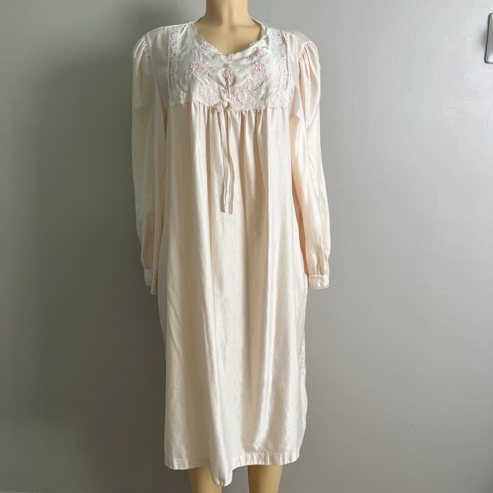 Lady Barbizon‎ Nightgown L Peach Pink Floral Lace Long Sleeve Loungewear Women